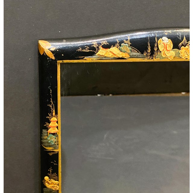 Wood English Vanity Mirrors With Chinoiserie Black Lacquered Frames - Two Available For Sale - Image 7 of 17