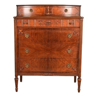 Antique French Regency Louis XVI Burled Walnut Highboy Dresser by Simmons Furniture, Circa 1930s For Sale