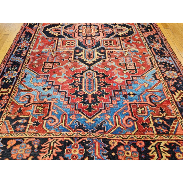 Antique Persian Heriz Serapi Gallery Rug, Hand-Knotted Wool, Geometric Medallion Pattern, Red & Blue, 7x12 For Sale In Chicago - Image 6 of 11