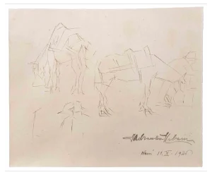Ildebrando Urbani, Horses, Ink Drawing, 1926