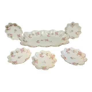 Vintage Limoges French Floral Scalloped Edge Porcelain Berry Dessert Set- 6 Pieces For Sale