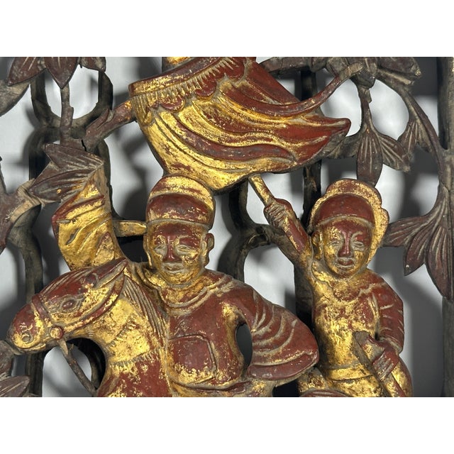 Antique Gilt Lacquered Chinese Panel: Horse & Warriors, Qing Dynasty For Sale - Image 6 of 10
