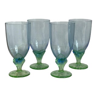 Vintage Bormioli Rocco Iced Tea Goblets Bahia Footed Bi-Color Blue and Green Glass - Set of 4 For Sale