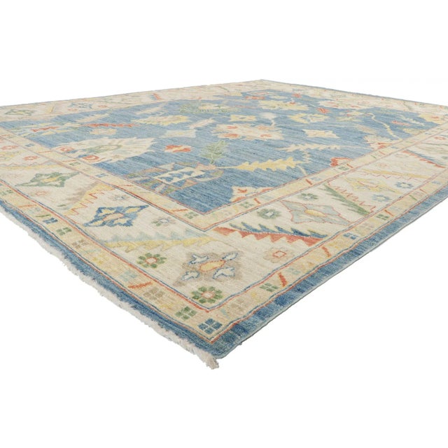 Vintage Style Blue Oushak Rug, 09'02 x 11'09. Polished and playful, this hand-knotted wool contemporary Contemporary...
