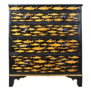 Early 20th Century English Painted Chest with Fish Decoupage For Sale