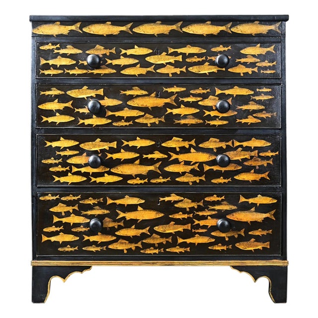 Early 20th Century English Painted Chest with Fish Decoupage For Sale