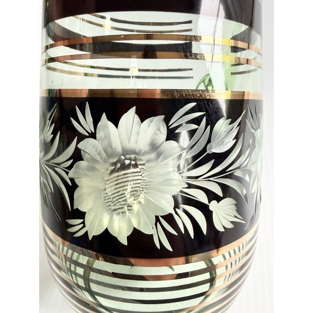 Vintage Mid-Century Modern Bohemian Green Glass Pitcher Cut Flowers, Gold & Black Bands For Sale - Image 14 of 17