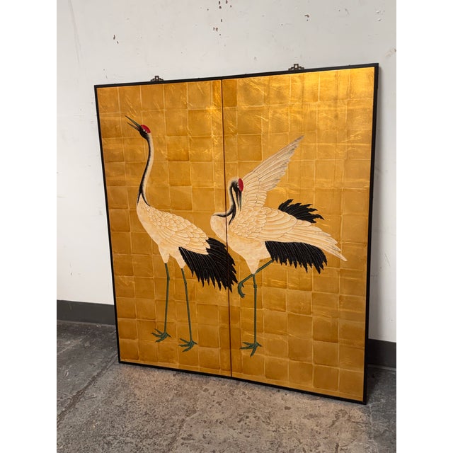 Late 20th Century Late 20th Century Chinese Two-Panel Screen With Cranes For Sale - Image 5 of 11