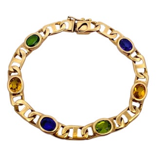 Late 20th Century Vintage 14k Gold Multi Gemstone Flat Mariner Links Bracelet For Sale