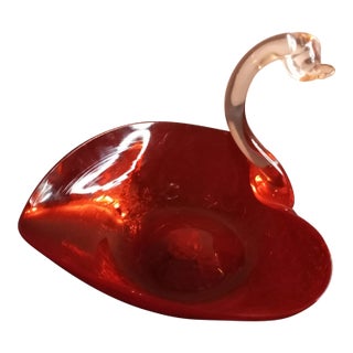 Vintage Crackled Red Art Glass Heart Shaped Swan Figurine Catchall For Sale