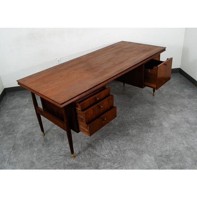 1960s Mid Century Modern Desk Office Executive Walnut Cane Back 4 Drawers File MCM 60s For Sale - Image 10 of 12