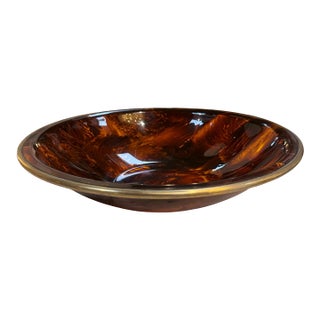 Vintage Amber Swirl Glass Bowl With Brass Rim For Sale