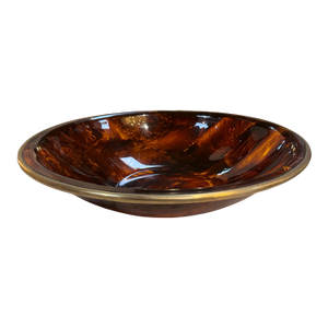 Vintage Amber Swirl Glass Bowl With Brass Rim