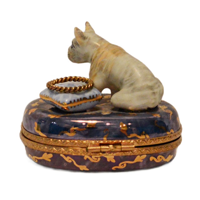 Ceramic Vintage Rochard Limoges French Bulldog & Ring Cushion Porcelain Trinket Box – Circa Late 20th Century For Sale - Image 7 of 11