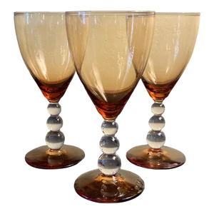 Amber Glass Goblets With Bubble Stem- Set of 3