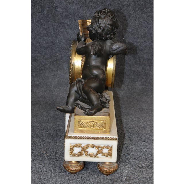 Bronze French Louis XV Style Figural Gilt Metal and Marble Clock Set For Sale - Image 8 of 15