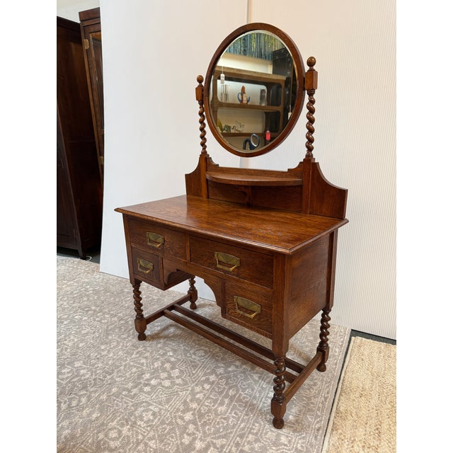 Jacobean Antique Jacobean Tiger Oak Wood Vanity Dresser With Mirror For Sale - Image 3 of 12