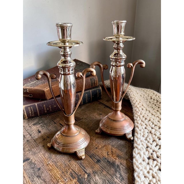 Metal Vintage Two Tone Candlesticks-Silver Plate-Copper-Brass-Pair-Metal-Taper Holders For Sale - Image 7 of 11