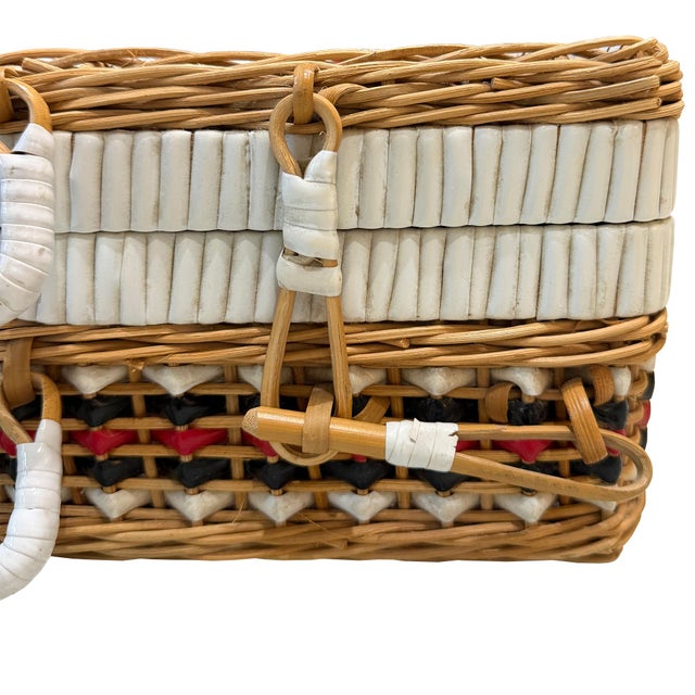 Vintage Gucci Inspired Bamboo Wicker Picnic Basket Case With Red, Black and White Striped Weave For Sale - Image 4 of 9
