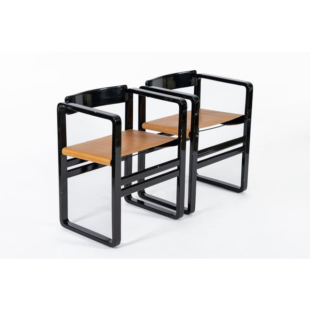 Verner Panton Mid Century Modern Black Lacquer and Brown Leather Arm Chairs 1970s For Sale - Image 4 of 15