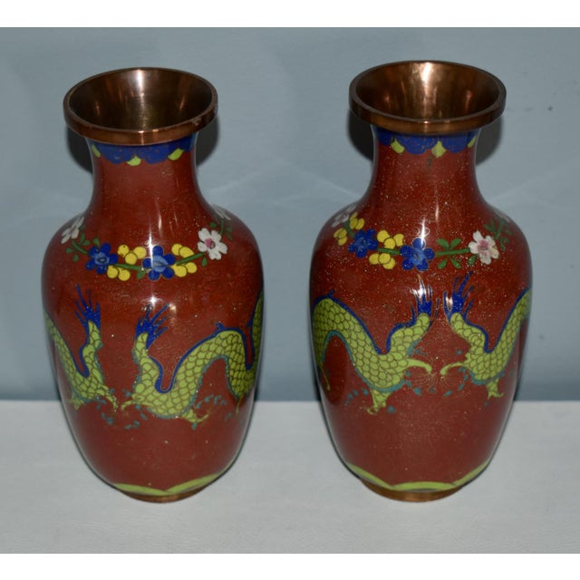 Vintage Pair of Chinese Cloisonné' Dragon Motif Vases For Sale In Philadelphia - Image 6 of 12