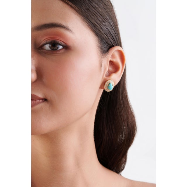 Not Yet Made - Made To Order 3.97Carat Turquoise & Diamond Double Halo Statement Earrings in 14k Gold- A Pair For Sale - Image 5 of 14