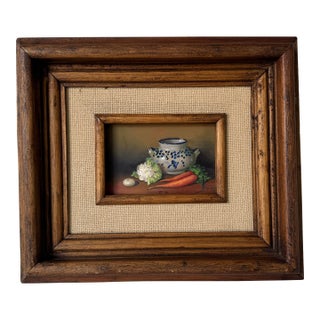 Vintage Rustic Miniature Still Life Oil Painting on Masonite, Signed For Sale