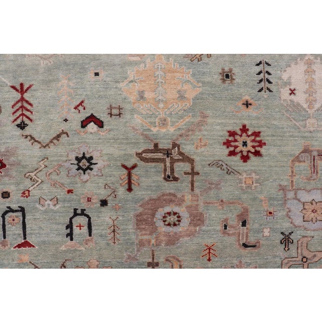 Textile Hand-Knotted Wool Oushak Rug in Turquoise Green and Multi Colors 10' X 13'6 For Sale - Image 7 of 12