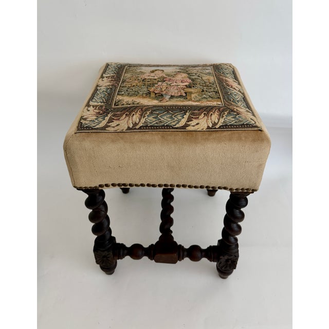 French Provincial Antique French Tapestry Barley Twist Stool For Sale - Image 3 of 11