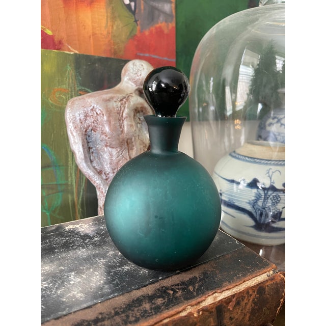 Teal Vintage Teal Satin Glass Decanter For Sale - Image 8 of 10
