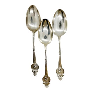 Set of 3 Sterling Silver Serving Spoons by Gorham, Medallion Pattern For Sale