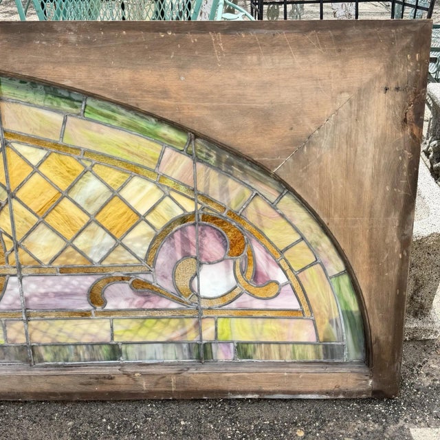 Antique Art Nouveau Colored Stained Glass Fruit 27 X 75 Arched Transom Window, A For Sale - Image 17 of 18