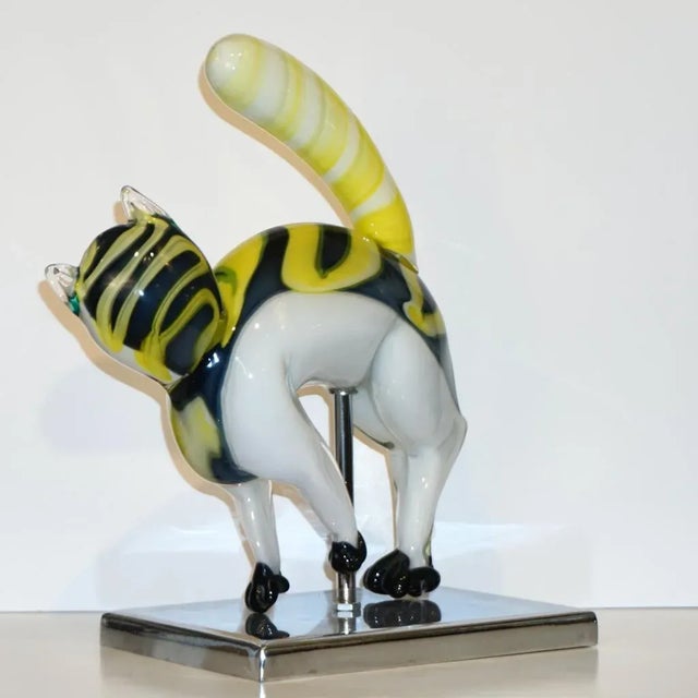 Alfredo Barbini Italian Modernist White Yellow Murano Art Glass Cat