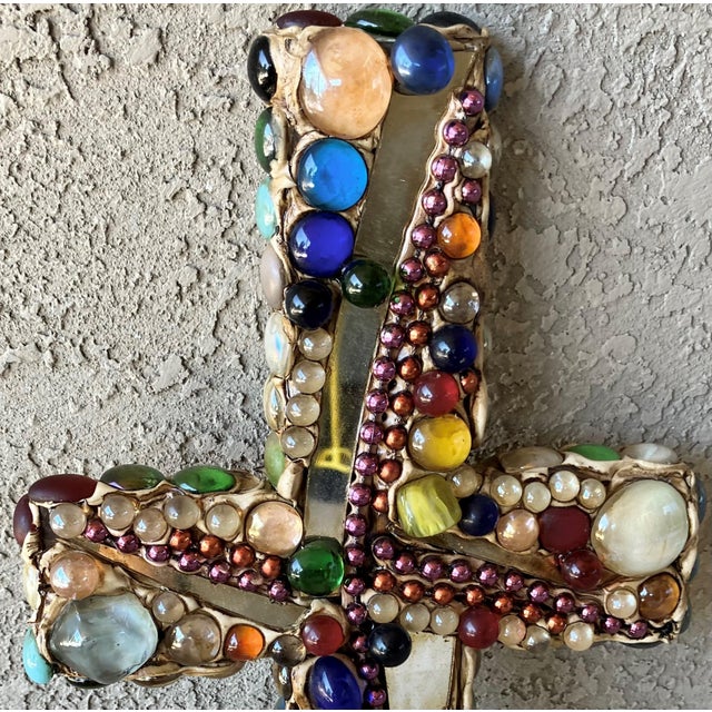 Late 20th-Century Mosaic-Style Faux "Jeweled" Stone, Glass & Wood Cross Wall Hanging For Sale - Image 9 of 16