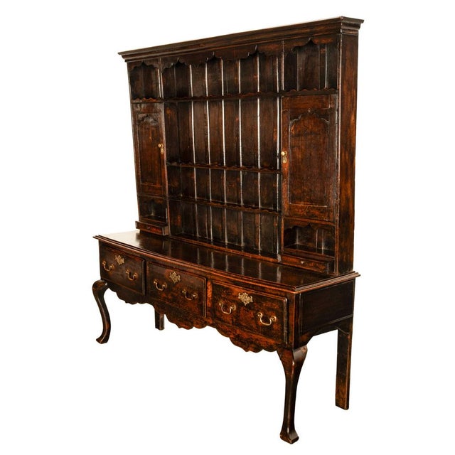 Queen Anne Antique All Period Georgian Queen Anne Carved Oak Welsh Dresser Plate Rack 1750 For Sale - Image 3 of 13