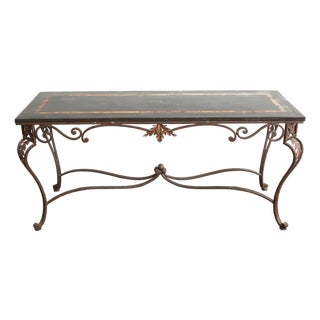 Italian Wrought Iron Framed Laminated Marble-Design Wood Console / Entry Table For Sale