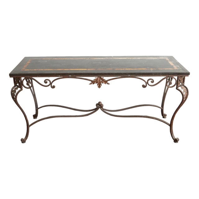 Italian Wrought Iron Framed Laminated Marble-Design Wood Console / Entry Table For Sale