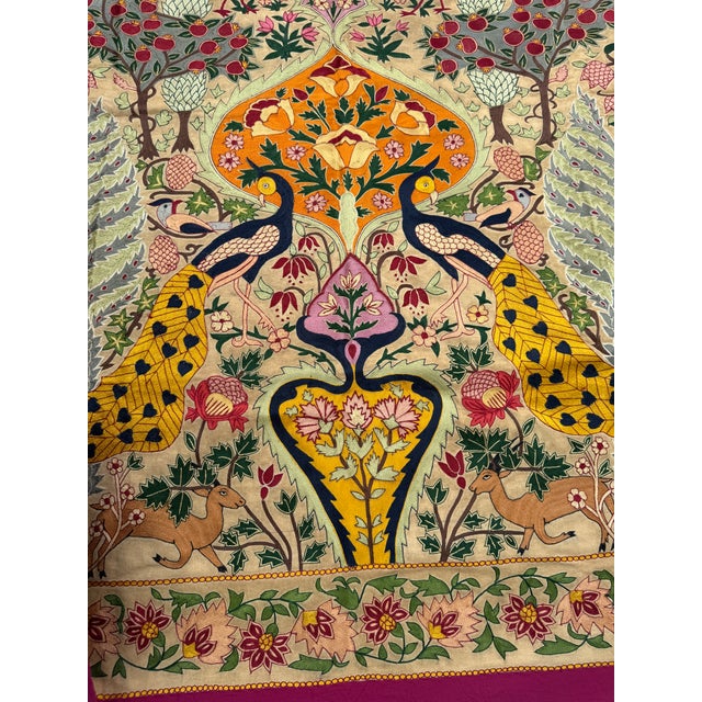 1980s Vintage Silk Embroidered Peacock Garden Textile Wall Hanging | Persian Inspired Floral Tapestry For Sale - Image 5 of 6