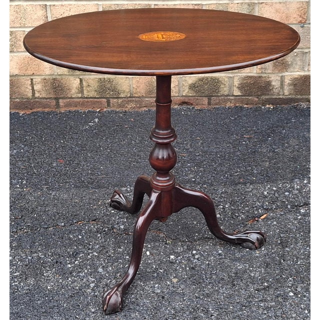 Early 20th C George III Style Satinwood Inlaid Mahogany Oval Tilt Top Side Table For Sale - Image 4 of 8