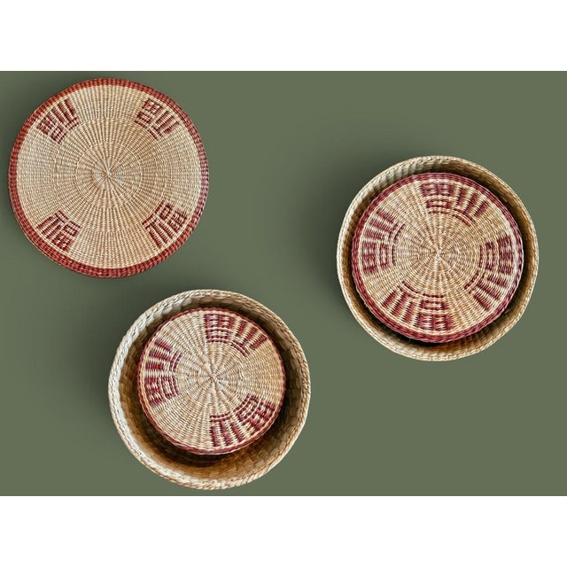 Tan Vintage Woven Nesting Basket Set 3-Lidded Storage Boxes-Boho-Tribal-Southwest For Sale - Image 8 of 10
