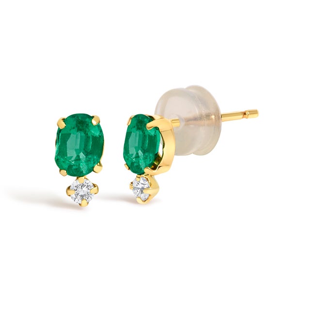 Contemporary 18K Yellow Gold Oval Green Emerald and Diamond Double Drop Stud Earrings, Pair For Sale - Image 3 of 4