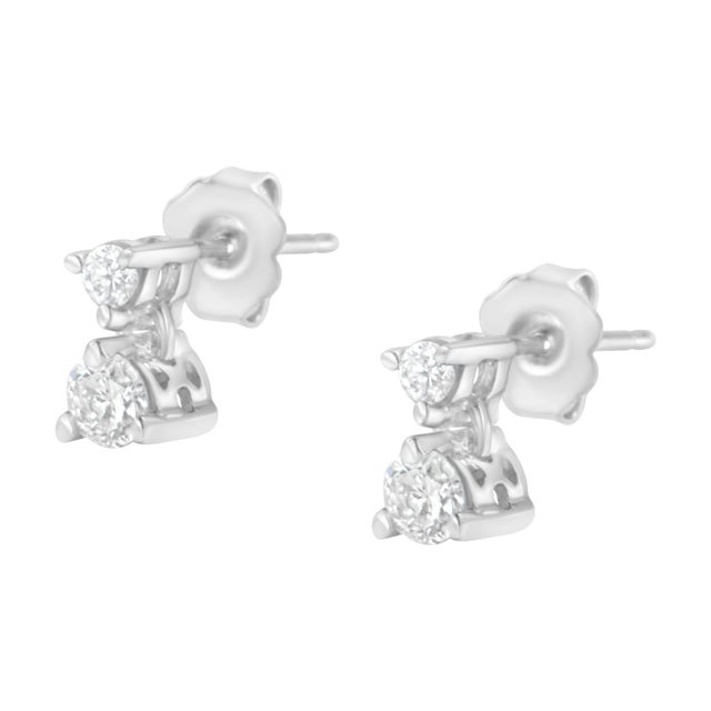 Early 21st Century 14KT White Gold 1/2 cttw Double Diamond Dangle Stud Earrings (H-I, I1-I2), A Pair For Sale - Image 5 of 6