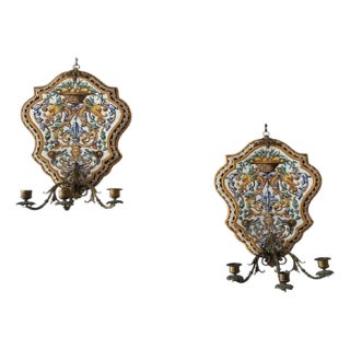 Early 20th Century Gien Faience Pottery Wall Sconce Pair: Majolica Floral, Dolphin Motif - a Pair For Sale