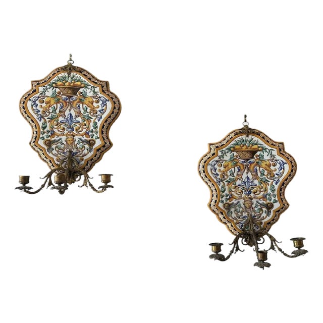 Early 20th Century Gien Faience Pottery Wall Sconce Pair: Majolica Floral, Dolphin Motif - a Pair For Sale