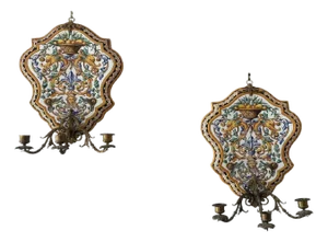 Early 20th Century Gien Faience Pottery Wall Sconce Pair: Majolica Floral, Dolphin Motif - a Pair