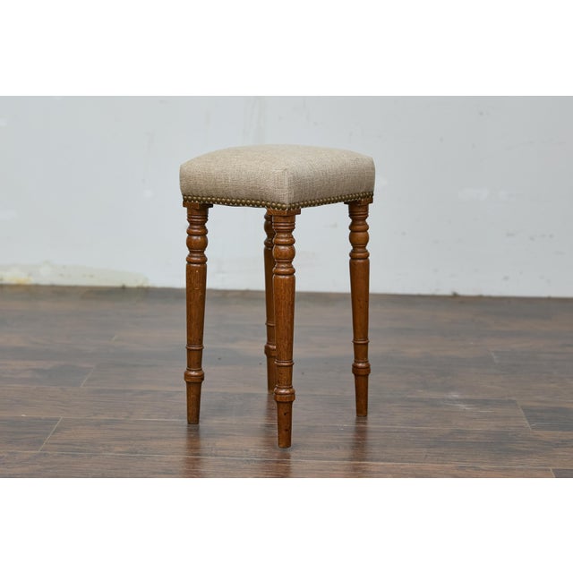 English English 19th Century Petite Oak Stool with Turned Legs and Linen Upholstery For Sale - Image 3 of 7