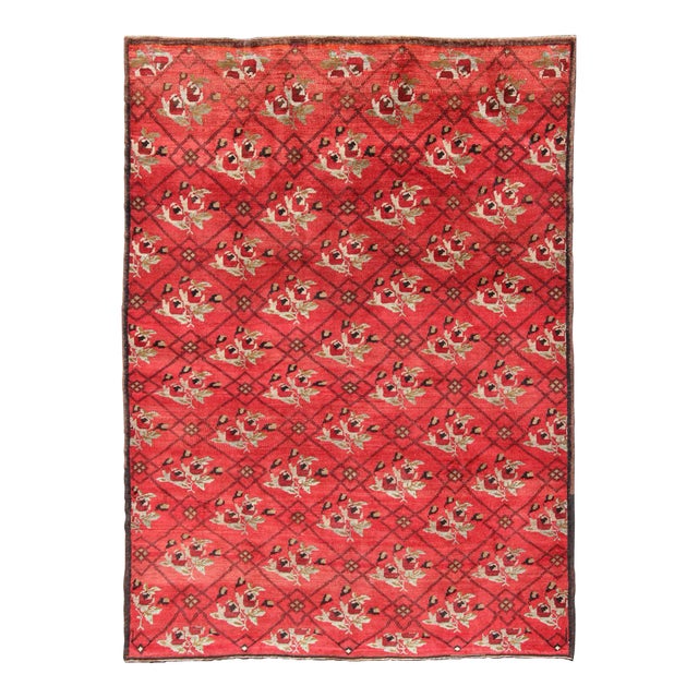 Mid 20th Century Vintage Turkish Konya Rug in Regal Red and Black Latticework Pattern For Sale
