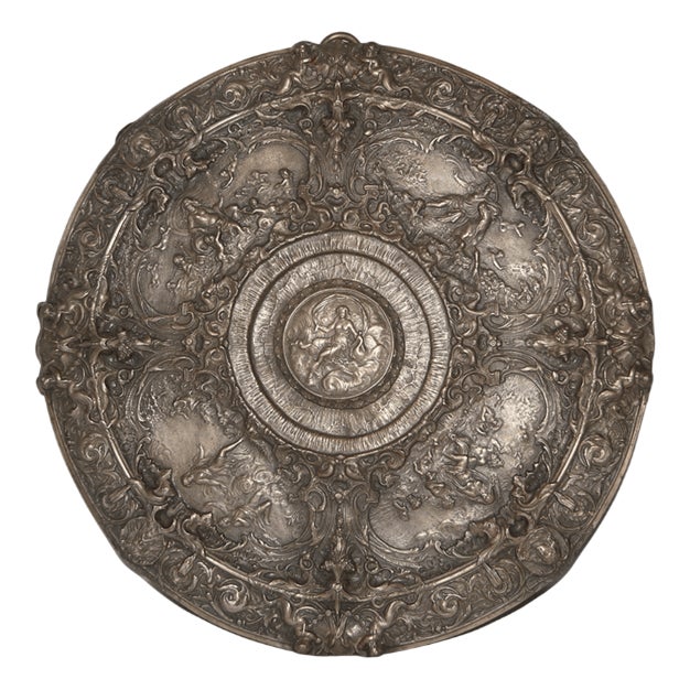 Large Embossed Chiseled Bronze Plate Depicting Scenes from Aphrodite, 1890s-1910s For Sale