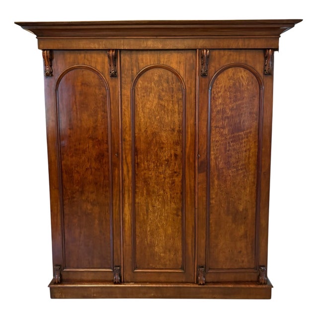 Antique Victorian Figured Mahogany Three Door Wardrobe, 1850s For Sale
