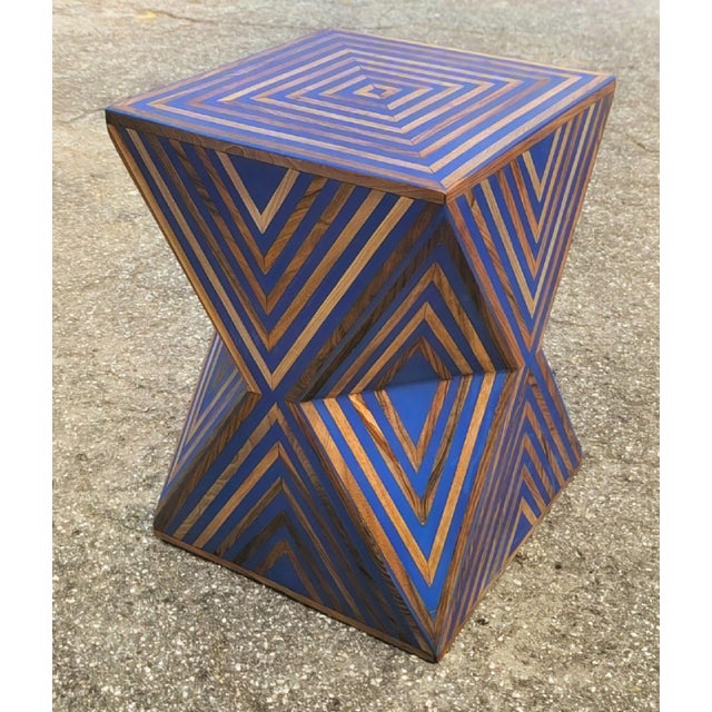 Moroccan Contemporary Traditional Moroccan Resin and Walnut Wood Stool / Blue Hourglass Silhouette For Sale - Image 3 of 7
